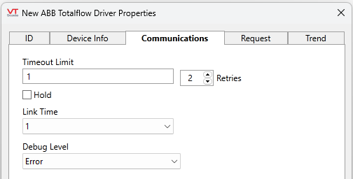 Configure the Timeout Limit, number of retries, whether to hold the last value in the event of a comm failure, the link time in seconds, and debug level.