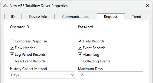 Configure Operator credentials, enable or disablel compress response, daily records, flow header, event records, log period records, alarm log, new event records, collecting events, configure history collect method and max days. Defaults displayed.