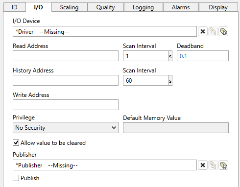 Link to a driver, configure addresses and scan interval, deadband, privileges, link and enable or disable publishing