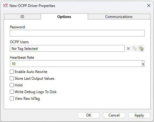 Configure a password, a heartbeat period, link a user list or enable the following: Auto rewrite, store last output values, hold, write debug logs to disc or view raw IdTag.