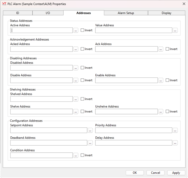 Set Status, Ack, Disabling, Shelving, and configuration addresses. Address selector available for Control/CompactLogix or Micro800 PLCs.