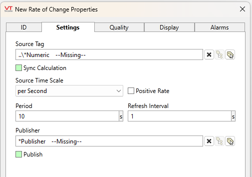 Select the rate of change source tag, set the time scale, period and refresh interval.