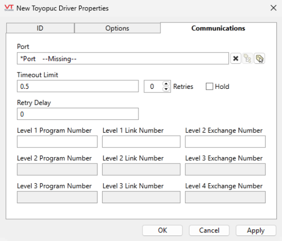 Configure the port, timeout limit, retries, whether or not to hold, retry delay, program number (PC3 PLC series only), Link number and Exchange number.