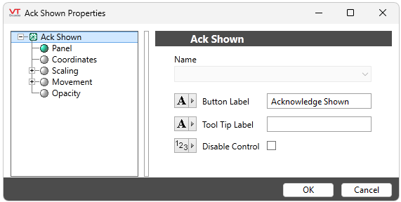 Configure name, button label, and tool tip label or disable control.