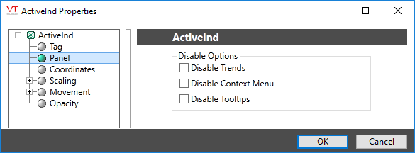 The properties dialog includes the standard Disable Options: Disable trends, Disable context menu, disable tooltips.