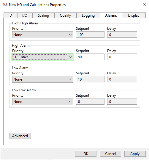 Analog Status tags - alarms tab Analog Status tags - alarms tab