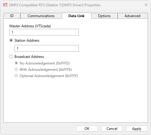 Data Link tab found in the properties of the DNP3 Driver tag from the tag browser.