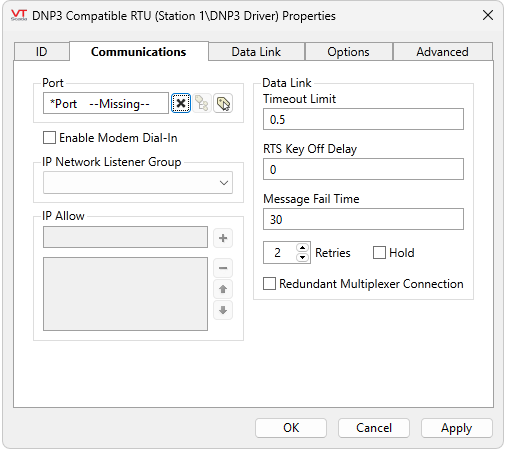 Communications tab found in the properties of the DNP3 Driver from the tag browser
