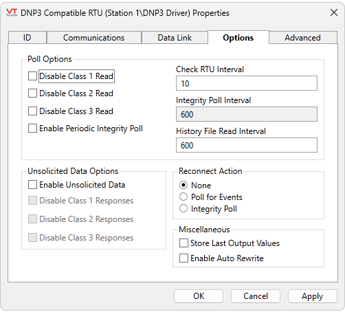 Options tab found in the DNP3 driver tag properties from the tag browser.