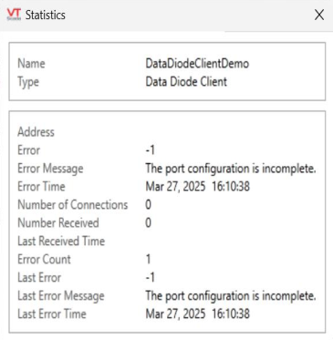 This statistics dialog shows a lot of information about the Data Diode Client tag.