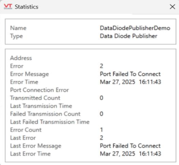 The statistic dialogs shows current information about the Data Diode Publisher tag.