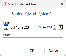 The Select Date and Time dialog shows a tag name, the calendar date, the current time and a field for the value. Everything but the tag name is editable.