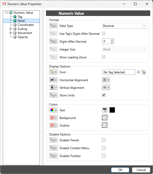 Properties dialog for the Numeric Value widget