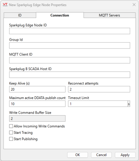 Establish or edit the Edge Node ID, Group ID, MQTT Client ID. Specify Keep Alive time, reconnect attempts, max DDATA publish count and timeout limit. Toggle on tracing for troubleshooting or start publishing.
