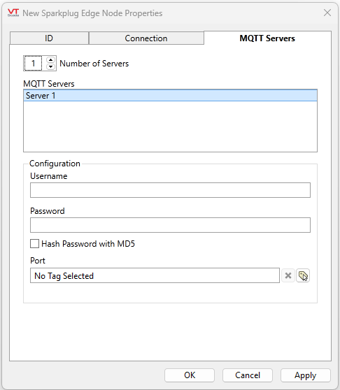 Select number of servers for redundancy or performance. Configure credentials and link a communications tag.