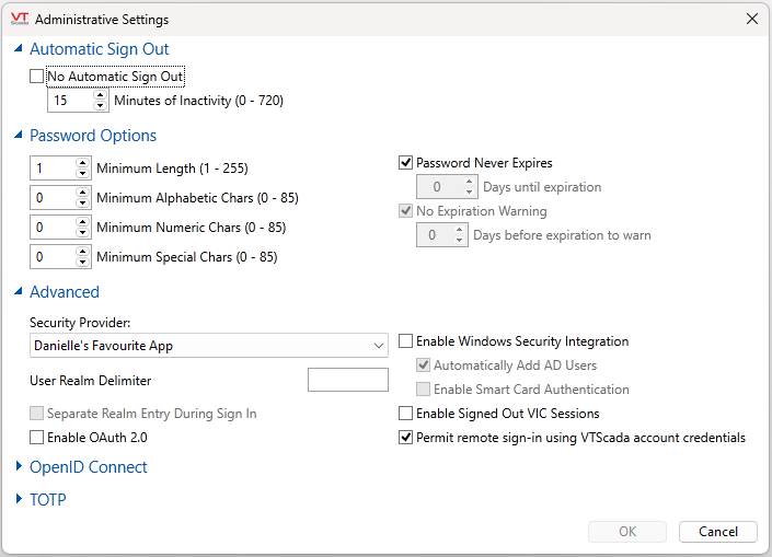 Change the automatic sign out settings, password options, advanced security settings. Configure 2-factor authentication with OpenID Connect or TOTP